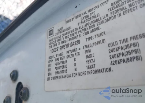 2000 Chevrolet S-10 Ls z USA, uszkodzony, nr VIN 1GCCS19W3YK134229